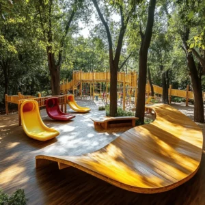 Los parques infantiles de madera son lugares especiales. Están hechos de madera natural, lo que los hace cálidos y acogedores. Además, ofrecen un ambiente seguro para que los niños jueguen. Pueden ver toboganes, puentes y zonas para trepar. Cada parque tiene algo único.